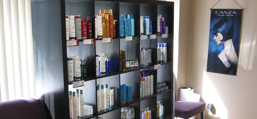 Lanza hair care products on stylish shelf